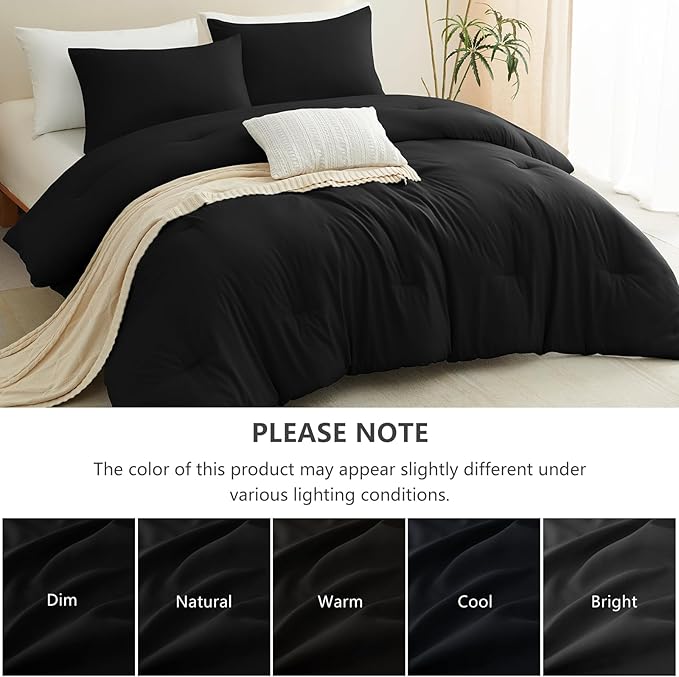 CozyLux Full Size Comforter Set Black, 3 Pieces Lightweight Down Alternative Quilted Bedding Sets, All Season Soft Breathable Solid Comforter with 2 Pillowcases, Luxury Bed Set Gift for Home