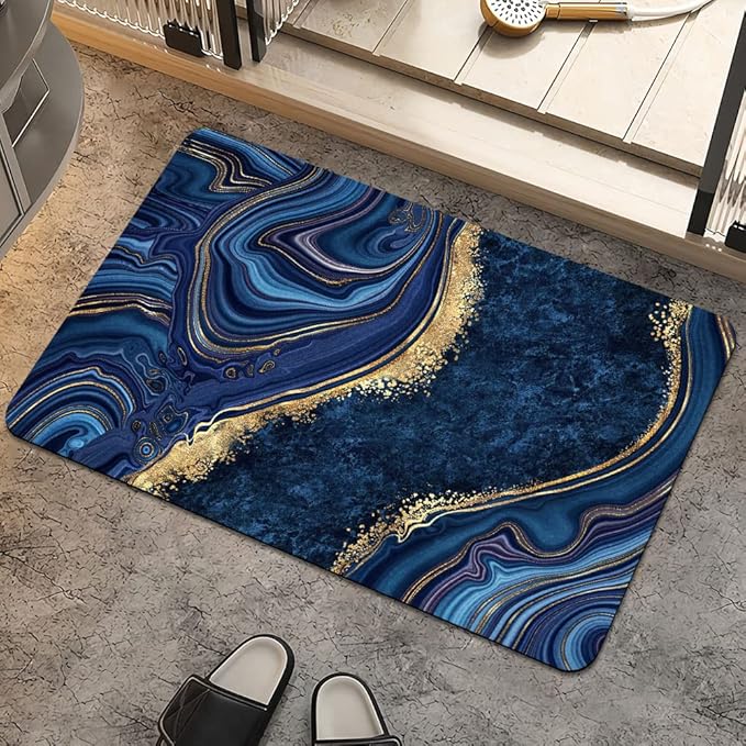 Bath Mat Rug,Dark Blue Gold Marble Non Slip Quick Dry Super Absorbent Thin Bathroom Rugs Fit Under Door-Easy to Clean Bathroom Floor Mats-Shower Rug for Shower Sink Bathtub(20" x 31"in)