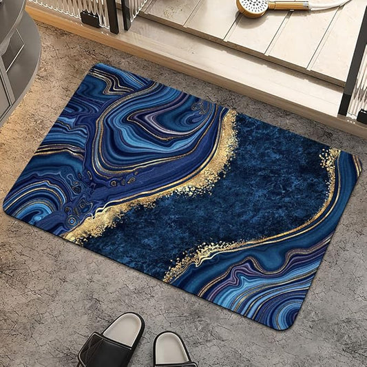 Bath Mat Rug,Dark Blue Gold marbleNon Slip Quick Dry Super Absorbent Thin Bathroom Rugs Fit Under Door-Easy to Clean Bathroom Floor Mats-Shower Rug for Shower Sink Bathtub(17" x 27.5"in)