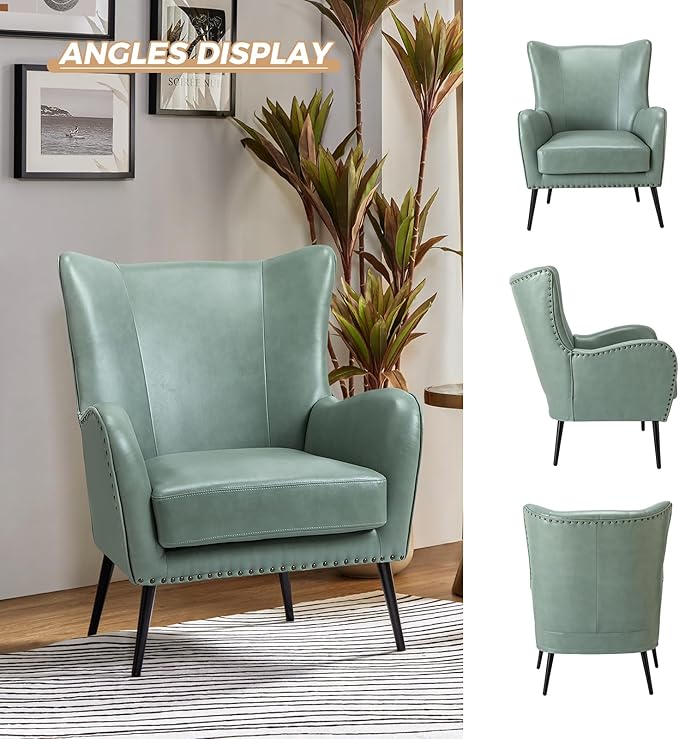 HULALA HOME Faux Leather Accent Chair Set of 2 with Removable Cushion, Comfy Upholstered Armchair with Metal Legs & Nailhead Trim Wingback Vanity Chair for Reading Living Room Bedroom, SAGE