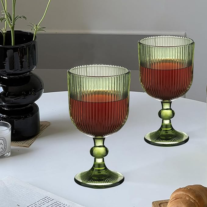 24 Pcs Green Vintage Wine Glasses, 11 Ounces Colored Glass Water Goblets, Unique Embossed Pattern High Clear Stemmed Glassware Wedding Party Bar Glass Drinking Cups Fancy Glasses Vertical Line Set