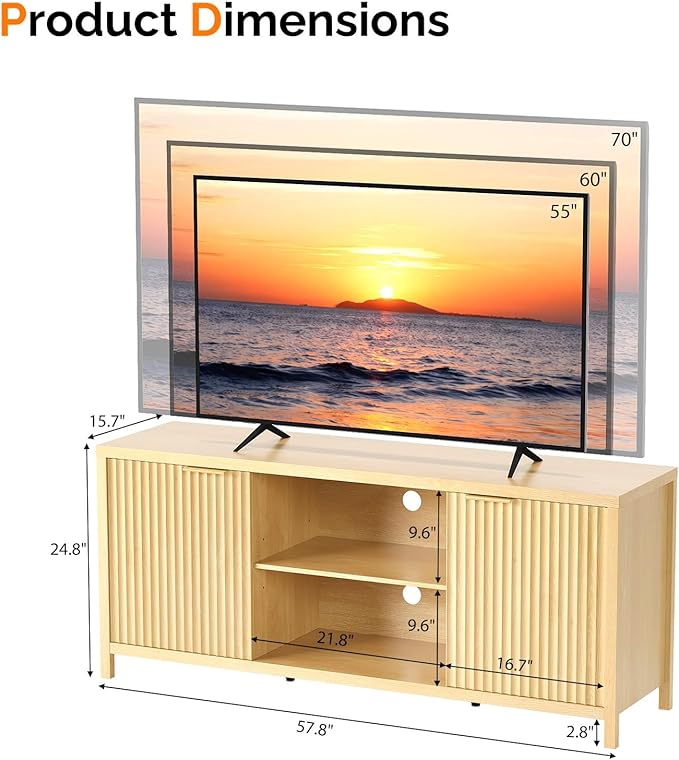 VINGLI 57.8" TV Stand for 70 Inch TV, Mid Century Modern Media Console with Adjustable Shelves and Cabinet Storage, Elegant Entertainment Center for Living Room, Oak