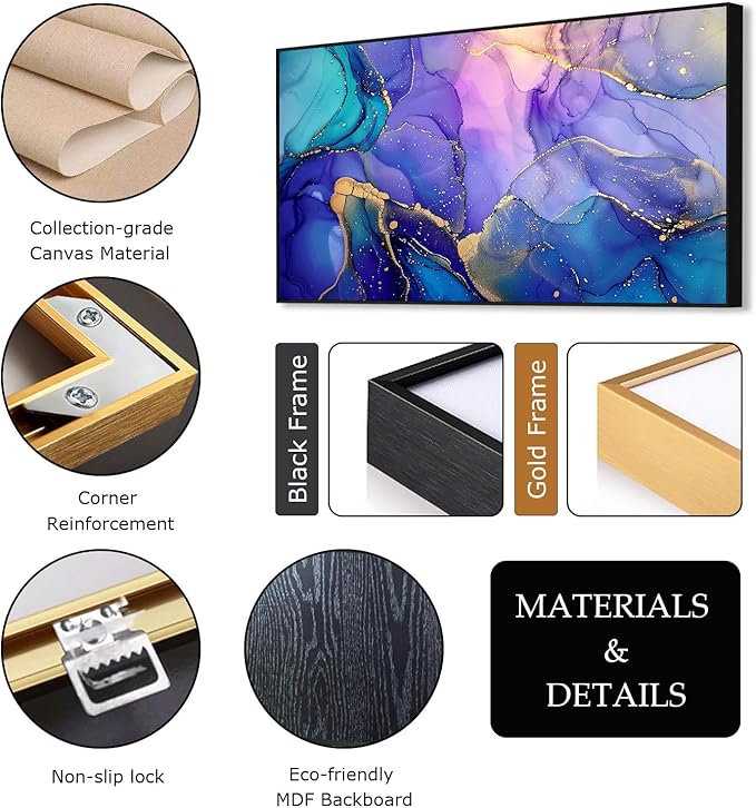 Abstract Marble Canvas Wall Art, Alcohol Ink Wall Art, Purple Canvas Wall Art, Blue Purple Marble Painting, Abstract Wall Art, Purple and Gold Wall Decor, Canvas Wall Art for Living Room (Gold Metal Frame, 59"x33" | 150x84cm)