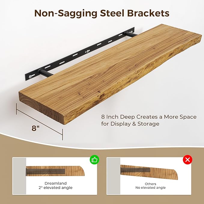 Dreamland 72 inch Floating Shelves for Wall Solid Elm Wood Live Edge Wall Mounted Shelves|Rustic Long Floating Shelves with Invisible Bracket for Bathroom Living Room Kitchen|Natural, 1 Pack