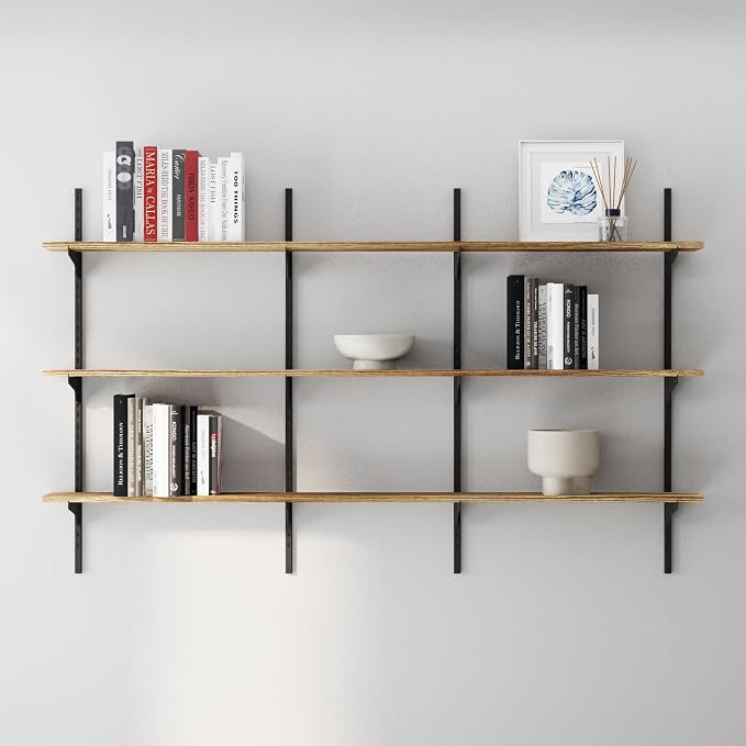 Wallniture Turin 60 Inch Floating Shelf, Adjustable Wall Shelves, Wood Shelving, Wooden Floating Shelves, Wall Mounted Bookshelf, Storage for Living Room, Kitchen, Office, 3 Tier, Burnt Finish
