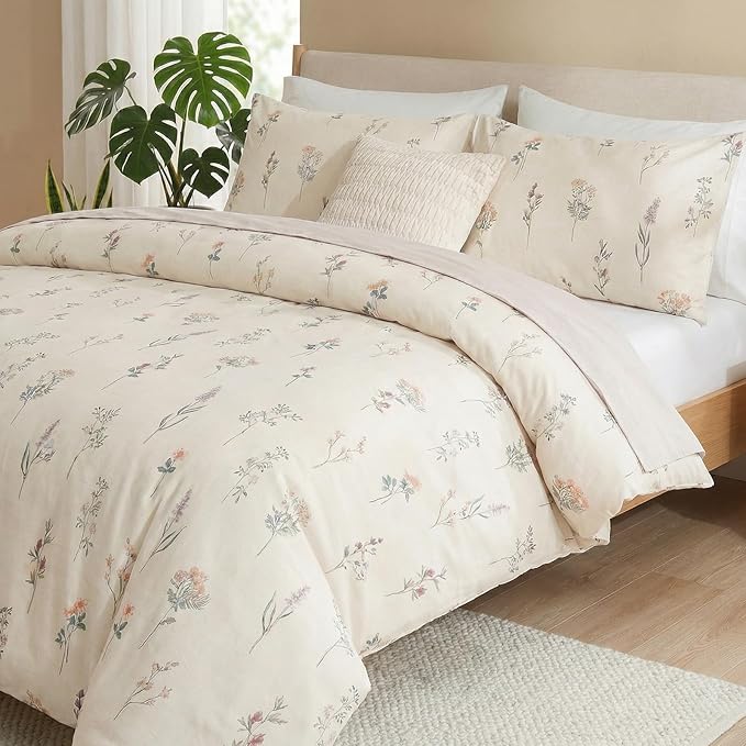Cream Duvet Cover Set Queen Size 100% Washed Cotton Linen Like Textured Comforter Cover 3 Pcs Luxury Soft and Breathable Floral Duvet Cover with Zipper Closure