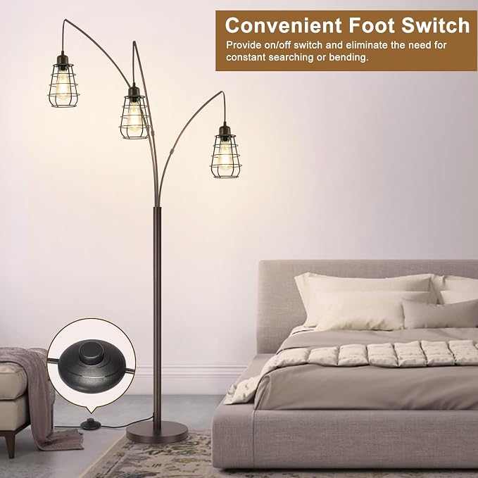 Industrial Floor Lamp, 3 Light Arc Floor Lamps for Living Room, 76 Inch Tall Standing Lamp with Metal Cage Shades & Foot Switch, Vintage Floor Lamp for Bedroom, Office, Corner, Bronze