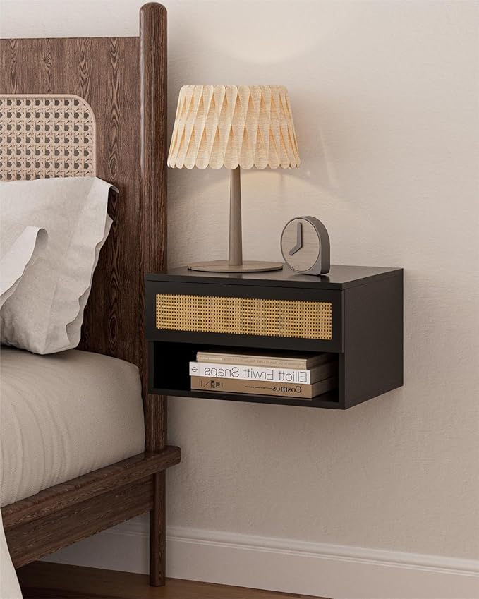 Floating Nightstand With Drawer - Small Modern Shelves for Bedroom, Bathroom (Black Rattan)