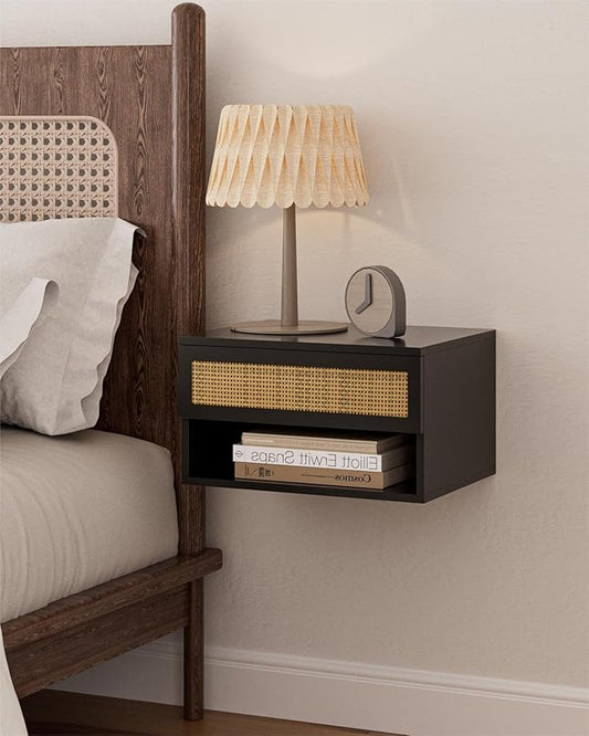 Floating Nightstand With Drawer - Small Modern Shelves for Bedroom, Bathroom (Black Rattan)