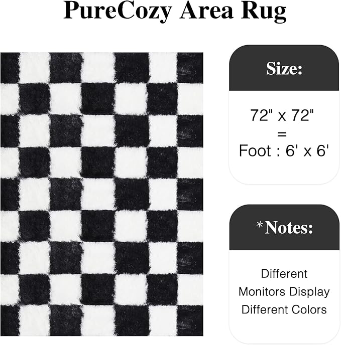 Checkered Rug 6x6 for Living Room, Black and White Modern Shag Super Soft Washable Fluffy Rugs Indoor Fuzzy Carpet for Bedroom Home Dorm Aesthetic Decor