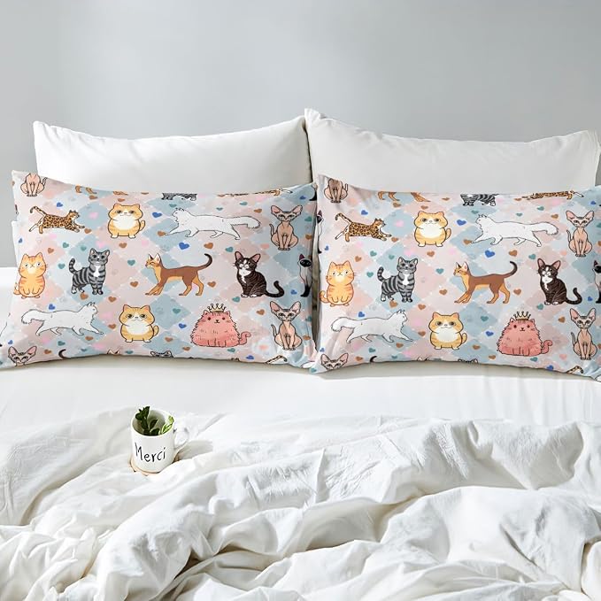 Erosebridal Cat Bedding Set Full Cute Kitten Duvet Cover Kawaii Pet Animals Comforter Cover for Kids Girls Boys Adults Hearts & Paw Pastel Argyle Patchwork Plaid Bed Set