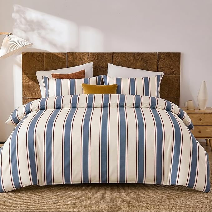 Merryword 100% Cotton Duvet Cover Set Queen Size - Blue & White Cabana Striped Bedding Set with Zipper & Corner Ties, 3-Piece Luxury & Silky Soft Bedding Set for All Seasons