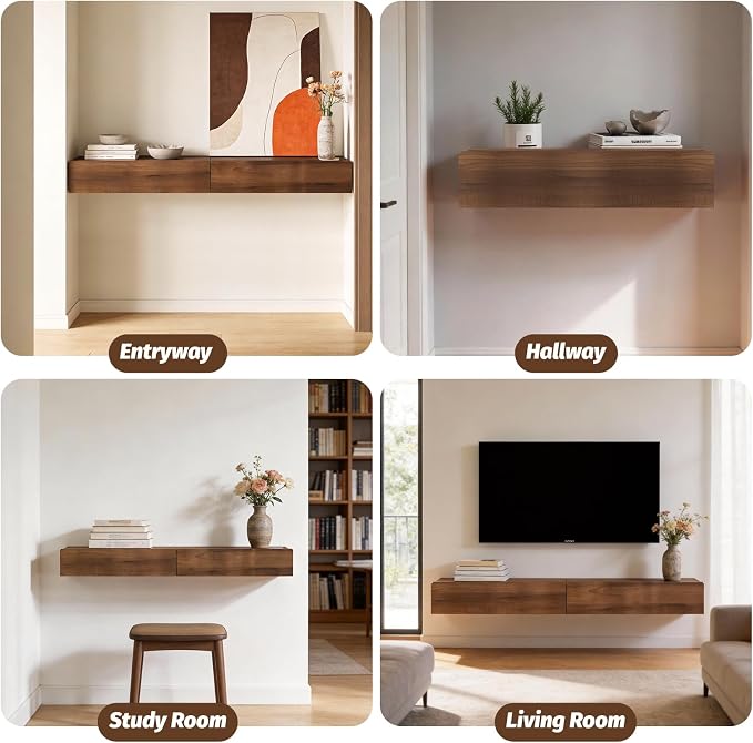 Floating Solid Wood Console Table, 47'' Wall Mounted Narrow Entryway Table with Storage Shelf, Modern Couch Shelves Small Entry Way Tables for Entryway, Front Hall, Hallway (Walnut, 47.24IN)