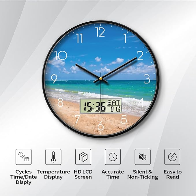 Coastal Beach Wall Clock, 12 Inch Silent Non-Ticking Battery Operated Analog Clock with LCD Date Day Temp Display, Decorative for Living Room, Bedroom, Kitchen, Beach House, Coastal Homes