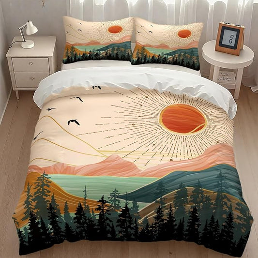 Boho Sun Bedding Set,Modern Minimalist Abstract Mountain Nature Leaves Sunrise Comforter Set with Pillowcase for Bedroom Bed Decor,King 102"x90"
