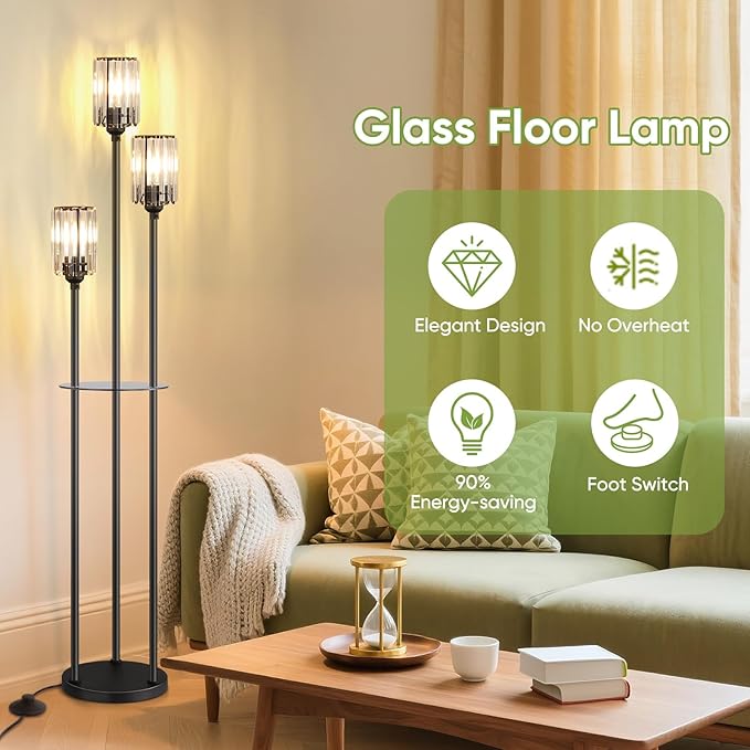Crystal Floor Lamp for Living Room with Shelves, Industrial Modern Standing Black Lamp with Table for Bedroom, Glass Vintage Unique Tall 3-Lights Fancy Lamp with ON/Off Foot Switch Gold