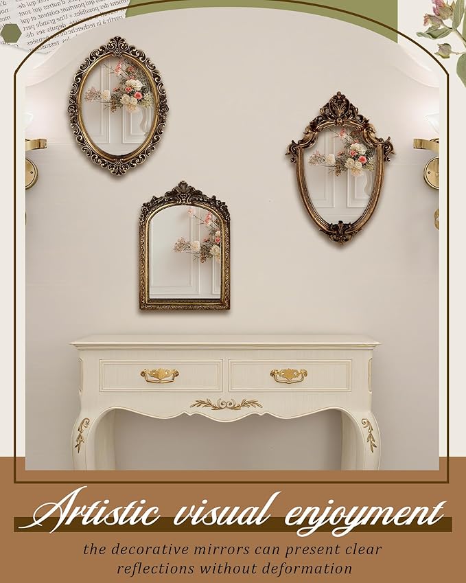 Wonderjune 3 Pcs Vintage Gold Mirror Set Wall Decorative, 8-15in Vintage Wall Mirror Hanging Antique Hanging with Stand for Living Room Home Wedding Decor(Classic Style, 13in/12in/10in)