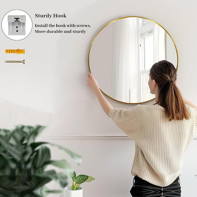 Sunniry Gold Round Mirror, 24 inch Circle Mirror, Gold Brushed Metal Frame Bathroom Mirrors, Round Wall Mounted Mirrors for Bathroom, Hallway, Living Room, Bedroom.