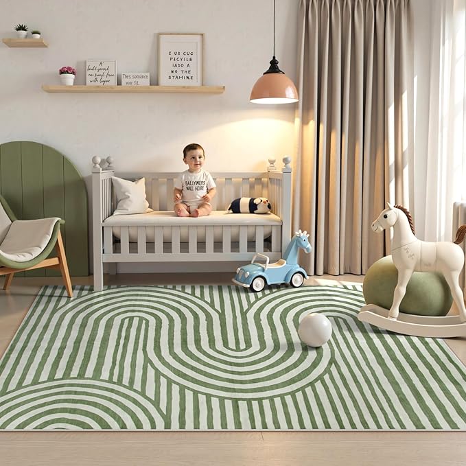 Lahome Green Washable Rug 5x7, Soft Kids Bedroom Rug Mid Century Modern Area Rugs for Living Room, Non-Slip Ultra-Thin Stain Resistance Abstract Rug for Nursery Large Playroom Office Alba(5'X7',Green)