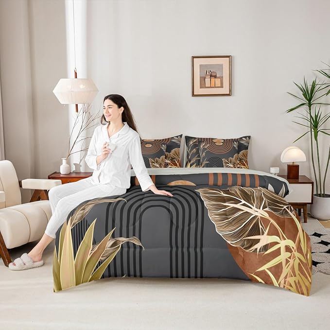 Erosebridal Boho Vintage Bed in A Bag 7 Pcs Mid Century Aesthetic Comforter Set for Kids Boys Girls Retro Tropical Abstract Bedding Sets Twin Minimalist Simple Arch Sun Plant Sheet Set with Comforter