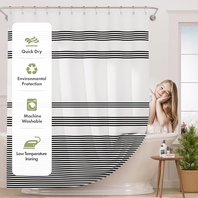 AmazerBath Long Shower Curtain, 72x78 Striped Black Fabric Shower Curtain Set with 12 Shower Curtain Hooks, Rustic Cloth Black and White Shower Curtain, Farmhouse Bathroom Shower Curtain Sets