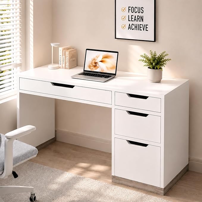 MaverickFurni White Desk with 4 Drawers, 52 Inch Modern Computer Desk with Storage for Bedroom, Home Office Writing Desk for Small Spaces, Minimalist White Writing Desk