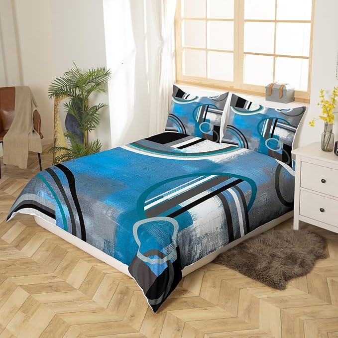 Erosebridal Blue Black Gray Duvet Cover Twin,Ombre Watercolor Comforter Cover,Geometric Stripe Circles Bedding Set,Oil Painting Bedspread Cover,Modern Artwork Quilt Cover with 1 Pillow Case Zipper