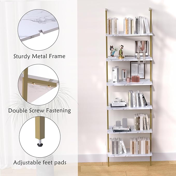 aboxoo Ladder Shelf 6-Tier Bookshelf,White Faux Marble Shelves Wall Mounted Bookshelf Open Storage Rack Display Shelf Plant Stand for Living Room Kitchen Home Office Bedroom