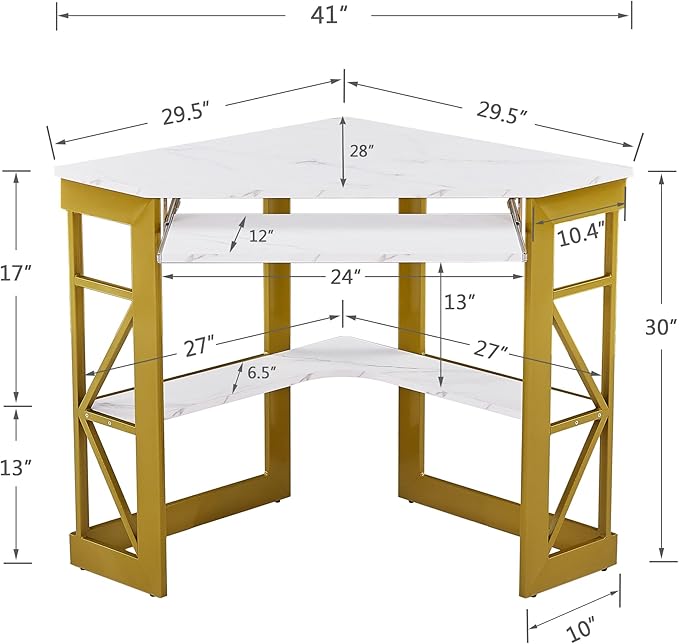 VECELO Corner Computer Desk 41 x 30 inches with Smooth Keyboard & Storage Shelves for Home Office Workstation,White & Gold