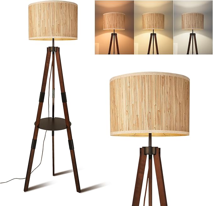 Floor Lamps for Living Room Tripod Floor Lamp Natural Raffia Straw Shade Tall Standing Lamp, Dimmable Industrial Reading Light for Living Room, Bedroom, Office