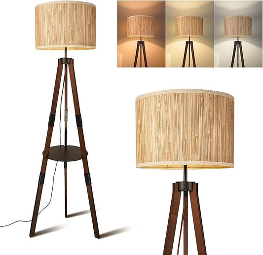 Floor Lamps for Living Room Tripod Floor Lamp Natural Raffia Straw Shade Tall Standing Lamp, Dimmable Industrial Reading Light for Living Room, Bedroom, Office