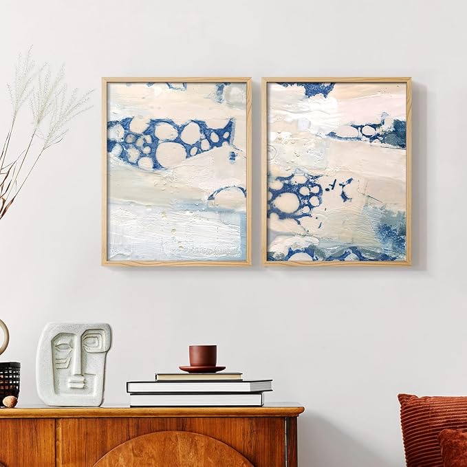 Renditions Gallery Set of 2 Peel & Stick Framed Prints, Textured Abstract Wall Art, Beach Themed Bubble Design Wall Decor, Re-Stickable - Ready to Hang - 8"x10" - NATURAL WOOD Frame LT588