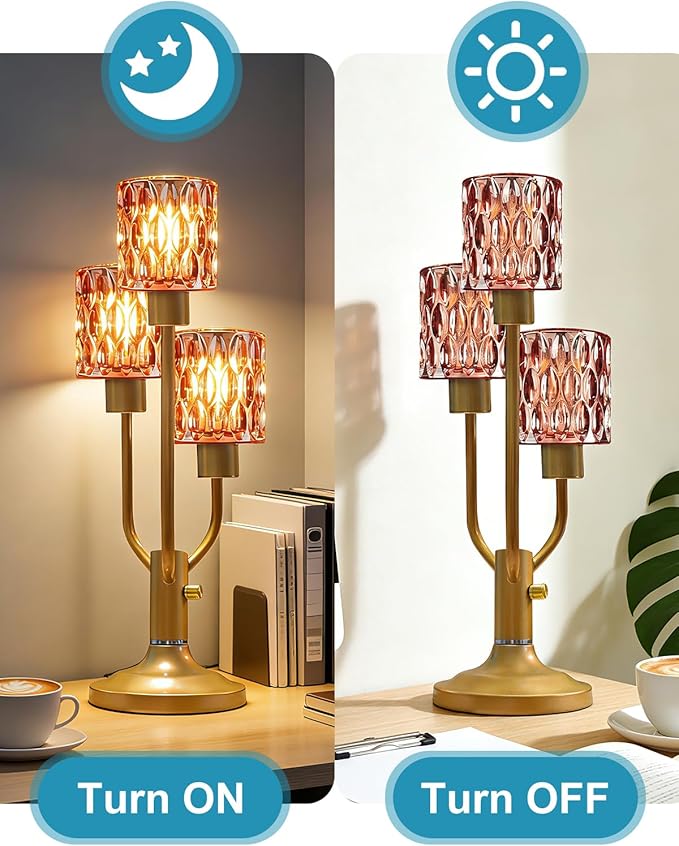 Lightdot Mid Century Modern Table Lamp Dimmable Nightstand Lamp Red Glass Vintage Gold Desk Lamp 3 Bulbs Included Warmwhite Ambient Bedside Lamps for Living Room Bedroom Girls Room Home Office Decor