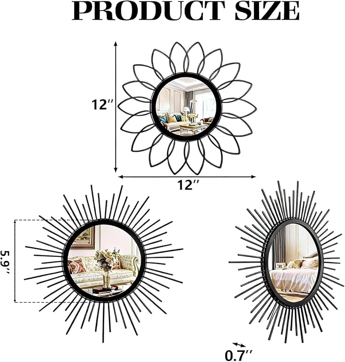 Set of 3 Black Metal Sunburst Wall Mirrors - 12" Round Decorative Art for Living Room Bedroom Bathroom Entryway, No Assembly Required, Rust Resistant Design