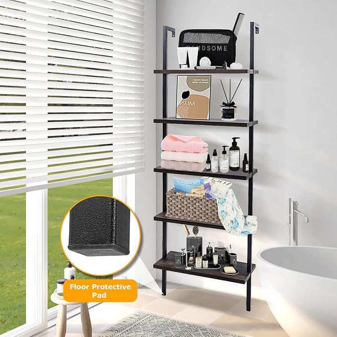 5 Tier Wall Mounted Ladder Shelf, Ladder Bookshelf with Metal Frame and Wood Shelf, Modern Learning Bookcase for Living Room, Bedroom, Office (23.6" W x 11.8" D x 70.8" H, Dark Walnut)