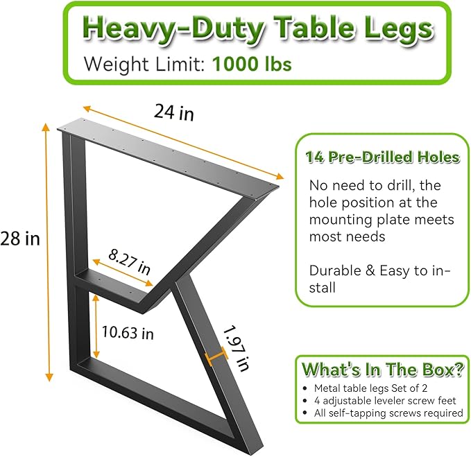 Metal Table Legs 28Inch x 24 Inch, Upgraded 2-Tier Heavy Duty Desk Legs, K-Shaped Industrial Dining Table Legs, Black Metal Legs for Office Desk, Coffee Table Set of 2…