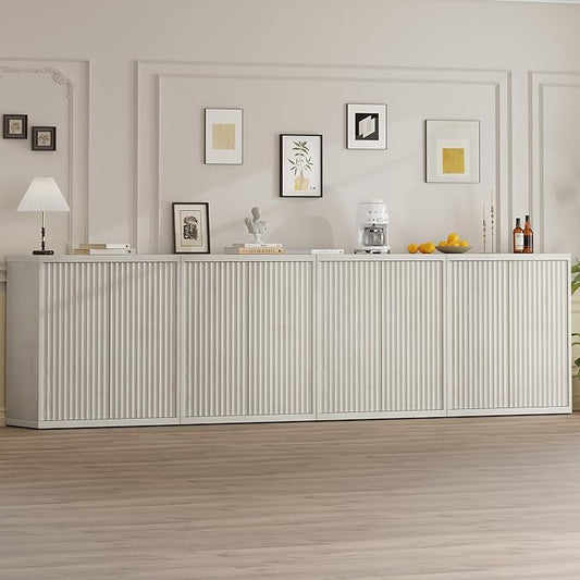 31” Sideboard Cabinet with Storage, Fluted Accent Cabinet with Adjustable Shelves, Modern Wood Credenza Cabinets with Pop-up Doors for Entryway Kitchen Living Room Hallway, White Oak 4pcs