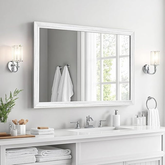 White Wood Effect Framed Wall Mirror, 24x36 Rectangle Mirror, Anti-desilvering Tempered Glass, Sustainable& Sturdy Frame, Anti-Rust, HD Reflection &3min Fast Setup for Bathroom Living Room