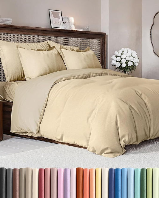 Duvet Cover Queen Size - Extra Soft Queen Size Duvet Cover - Lightweight, Breathable, Easy Care & Fade Free w/Zipper Closures & Ties - 90" x 90" Inches - (Heathered Tan) Comforter Not Included