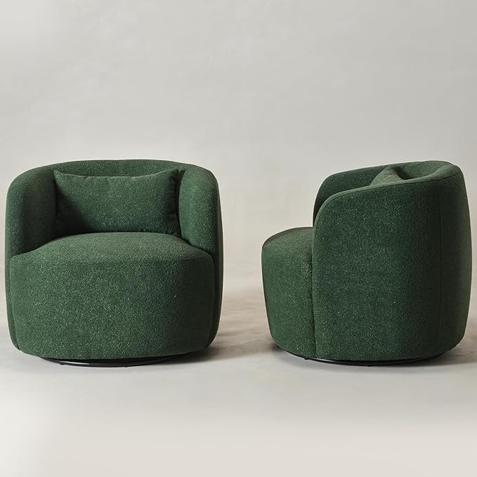 KINWELL 34" Wide Boucle Swivel Barrel Chairs Set of 2, No Assembly Round Upholstered Armchairs Accent Chairs Single Sofa Chair with Toss Pillow for Living Room and Bedroom, Green
