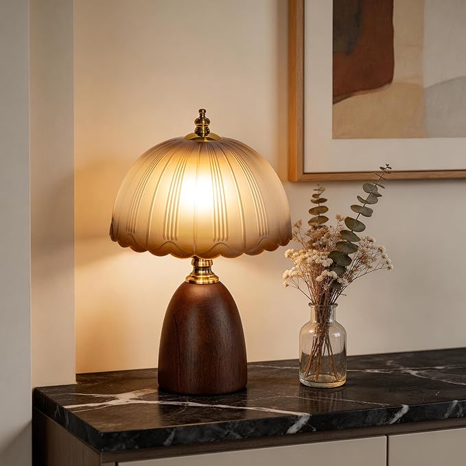 13“ Mid-Century Modern Amber Small Table Lamp, Vintage Scalloped Gradient Glass Bedside Lamp for Bedroom Living Room, Solid Walnut Wood Style Base 3-Color Dimmable LED, Aesthetic Decor Gift