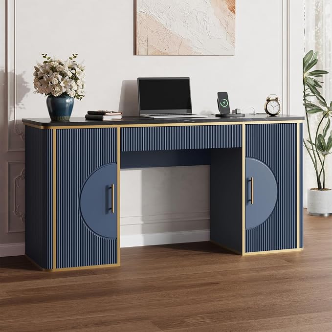 60" Fluted Computer Desk, Wooden Long Home Office Writing Desk with Drawer & Storage Cabinet, Modern Writing Table with Charging Station, High Executive Desk for Office，Bedroom, Navy Blue