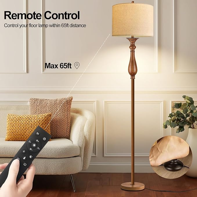 Wood Floor Lamps for Living Room Boho Farmhouse Floor Lamp with Remote Control & 3 Color Temperature,Dimmable Vintage Floor Lamp Mid Century Modern Standing Lamp Pole Tall Floor Lamp Bedroom Corner