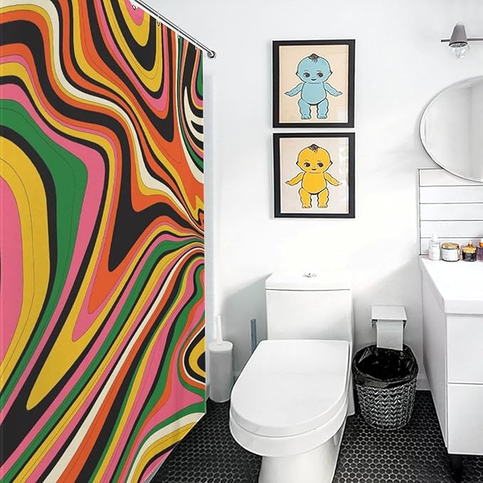 70s Groovy Shower Curtain, Vintage Retro Colorful Orange Wave Hippie Rainbow Abstract Swirl Aesthetic Boho Funky Trippy Bright Waterproof Fabric Bath Shower Curtain Set with Hooks, 72"x72" Inch