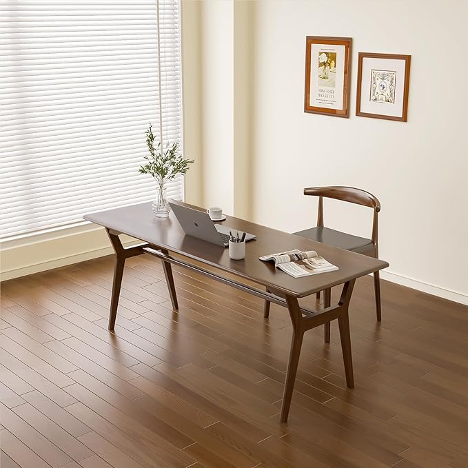 Solid Wood Study Desk - 63" Double Long Computer Table for Home Office, 2-Person PC Workstation, Walnut