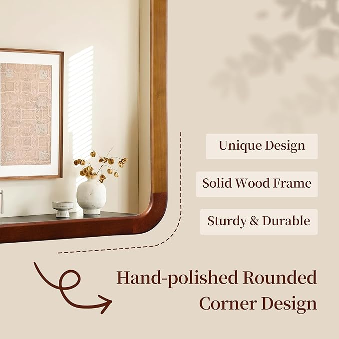 Bathroom Mirror 24 x 24 Inch,Brown Wood Rustic Rectangle Tempered Wall Mirror with Wood Frame,Round Corner Farmhouse Wooden Vanity Mirror for Living Room,Entryway or Bedroom（Walnut Brown）