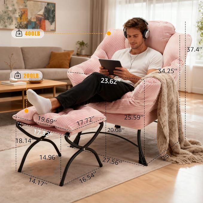 Large Lazy Chair and Ottoman for Adults, Accent Chair Oversized Lounge Armchair with Side Pocket & Footrest, Comfy Reading Chair Leisure Sofa for Bedroom, Living Room, Office (Corduroy, Pink, Single)