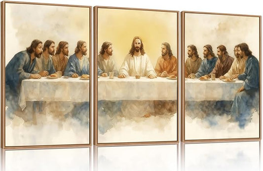 FWIEXA Jesus Last Supper Canvas Wall Art Set 3, Framed Christian Decor Painting, Religious Boho Prints, Bible Watercolor Artwork, 24x36In Verse Scripture Pictures for Living Room,Bedroom,Prayer Room