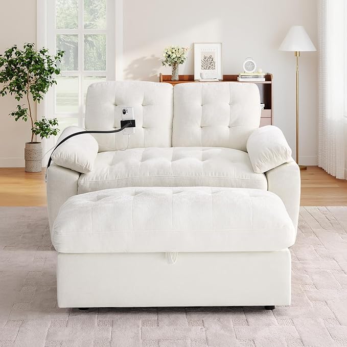 Oversized Chaise Lounge Chair Indoor with Ottoman&Adjustable Backrest,Chenille Tufted Recliner Comfy Loveseat Sofa Chair with USB&Phone Holder,Convertible Sleeper Couch Bed for Living Room(56"W,Beige)