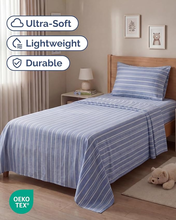 Twin Size 3 Piece Sheet Set - Comfy Breathable & Cooling Sheets - Hotel Luxury Bed Sheets for Women & Men - Deep Pockets, Easy-Fit, Soft and Wrinkle Free Sheets - Blue Stripes Oeko-Tex Bed Sheet Set